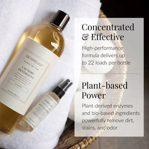 A bottle of Classic Laundry Detergent and a room spray sit in a woven basket with white towels. The text highlights their concentrated, plant-based formula and impressive cleaning power.3