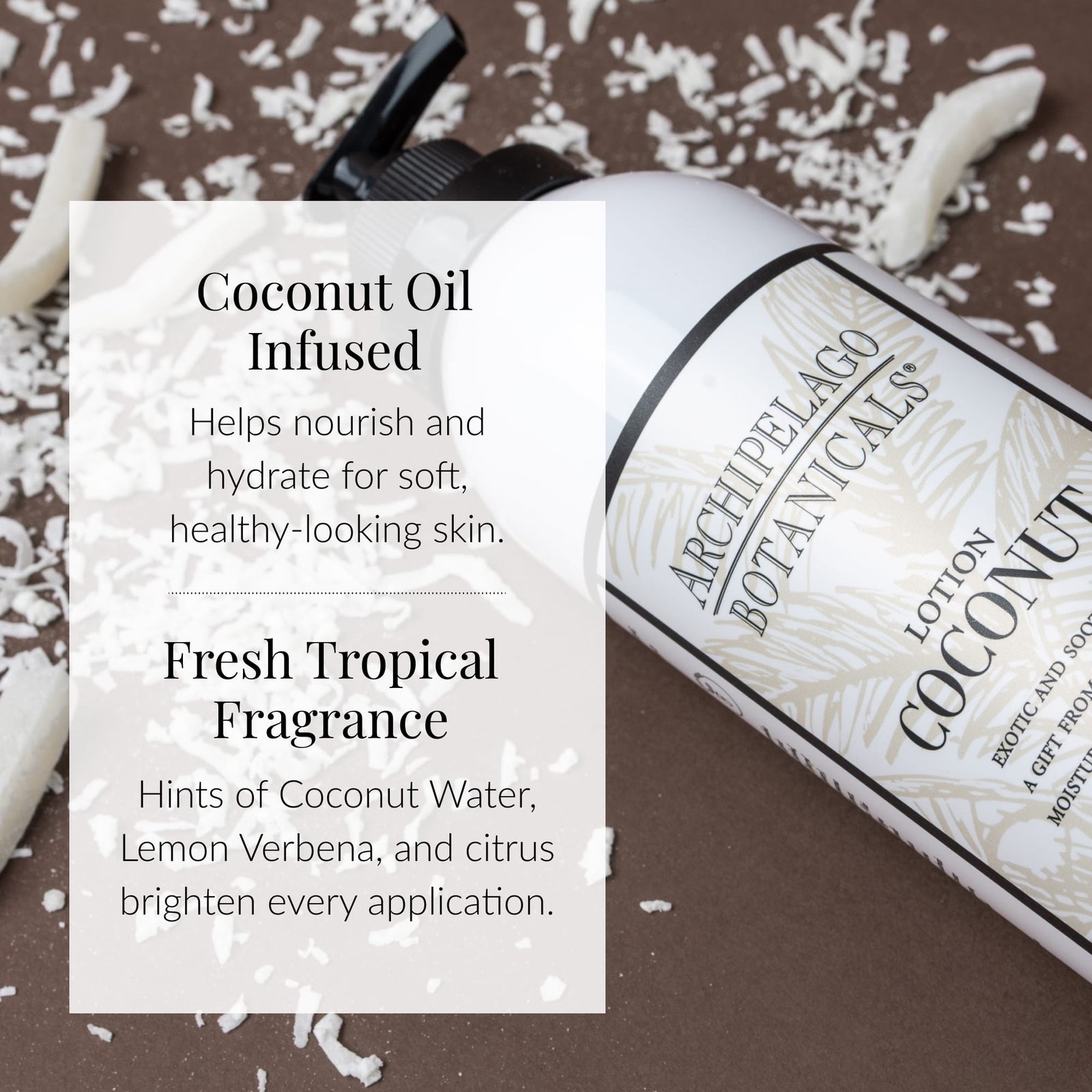 A bottle of Coconut Body Lotion rests on a brown surface sprinkled with white coconut flakes. The text emphasizes its nourishing blend infused with Coconut Oil and Jojoba Esters, complemented by a fresh tropical fragrance featuring notes of coconut water, lemon verbena, and citrus.6
