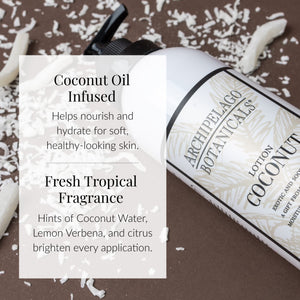 A bottle of Coconut Body Lotion rests on a brown surface sprinkled with white coconut flakes. The text emphasizes its nourishing blend infused with Coconut Oil and Jojoba Esters, complemented by a fresh tropical fragrance featuring notes of coconut water, lemon verbena, and citrus.6