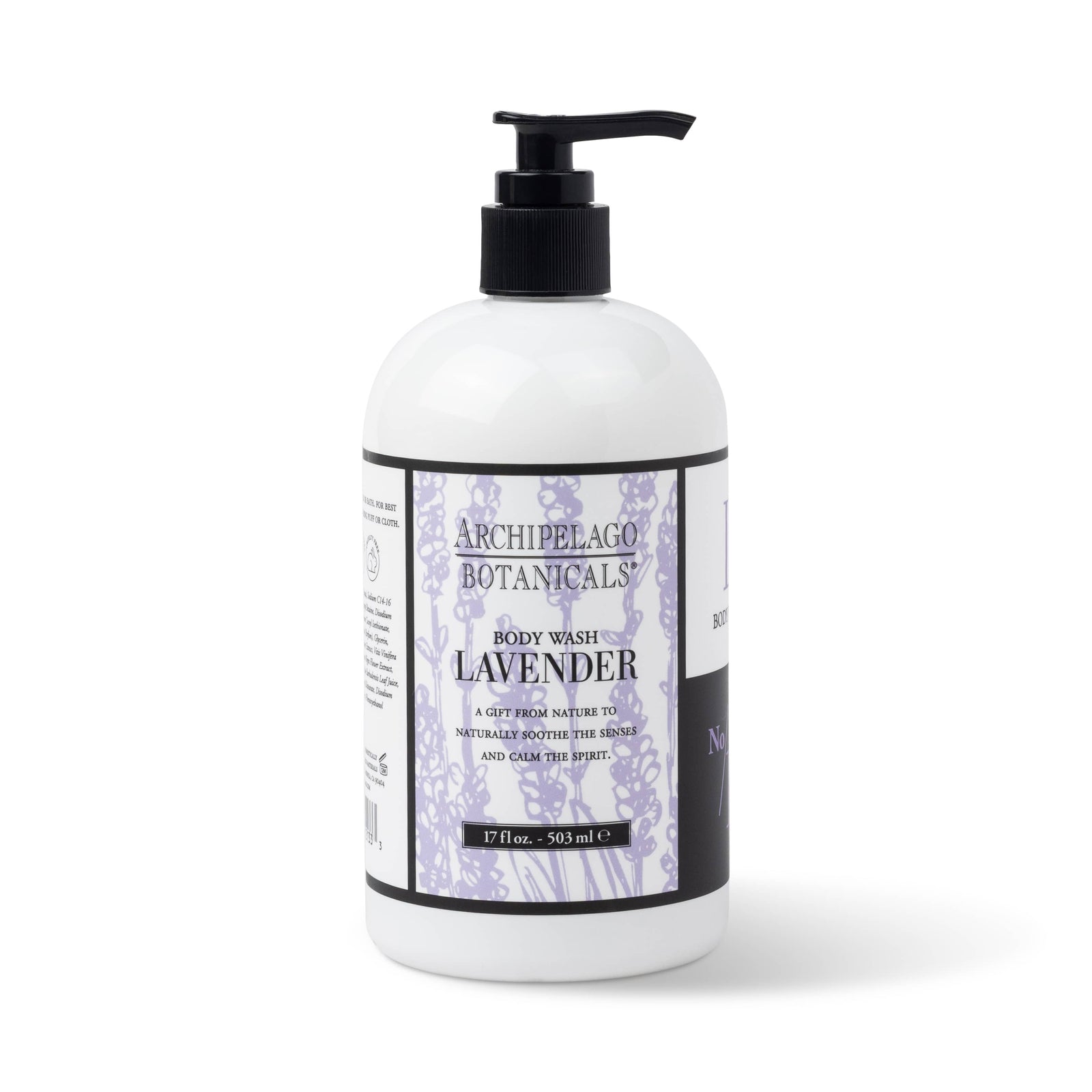 A 17 oz. pump bottle of Lavender Body Wash, featuring a white and lavender label with floral designs, contains essential oils for healthy skin.1