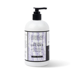 A 17 oz. pump bottle of Lavender Body Wash, featuring a white and lavender label with floral designs, contains essential oils for healthy skin.1