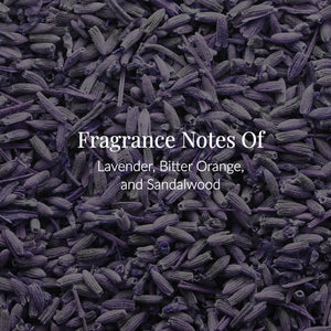 A closeup of dried lavender buds with the text: Lavender Body Lotion – Fragrance Notes of Lavender, Bitter Orange, and Sandalwood written in white letters across the center, evoking the soothing essence of a moisturizing lotion infused with essential oils.4
