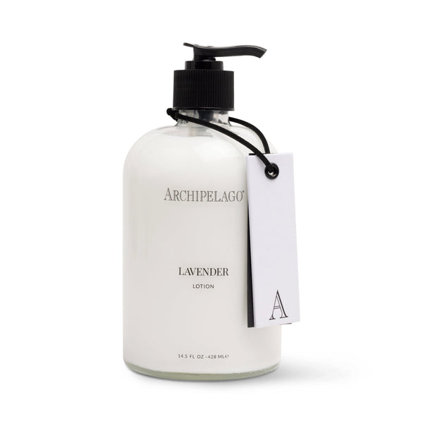 Lavender Glass Lotion bottle with Archipelago branded tag on white background