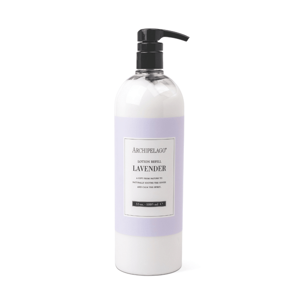 A large bottle of Lavender Lotion Refill with a pump dispenser, featuring a pale purple label with black text on a white background.