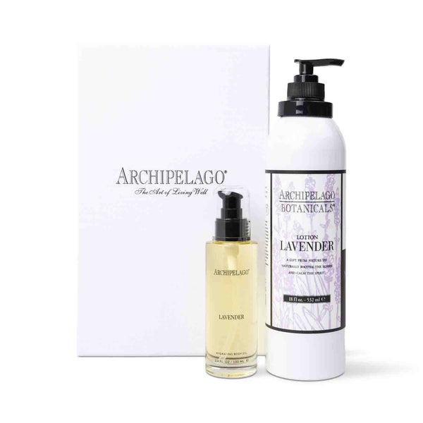 The Lavender Moisturizing Gift Set, featuring a clear pump bottle of Archipelago Lavender Hand Wash and a large pump bottle of Archipelago Botanicals Lavender Body Lotion, is displayed against a white background.