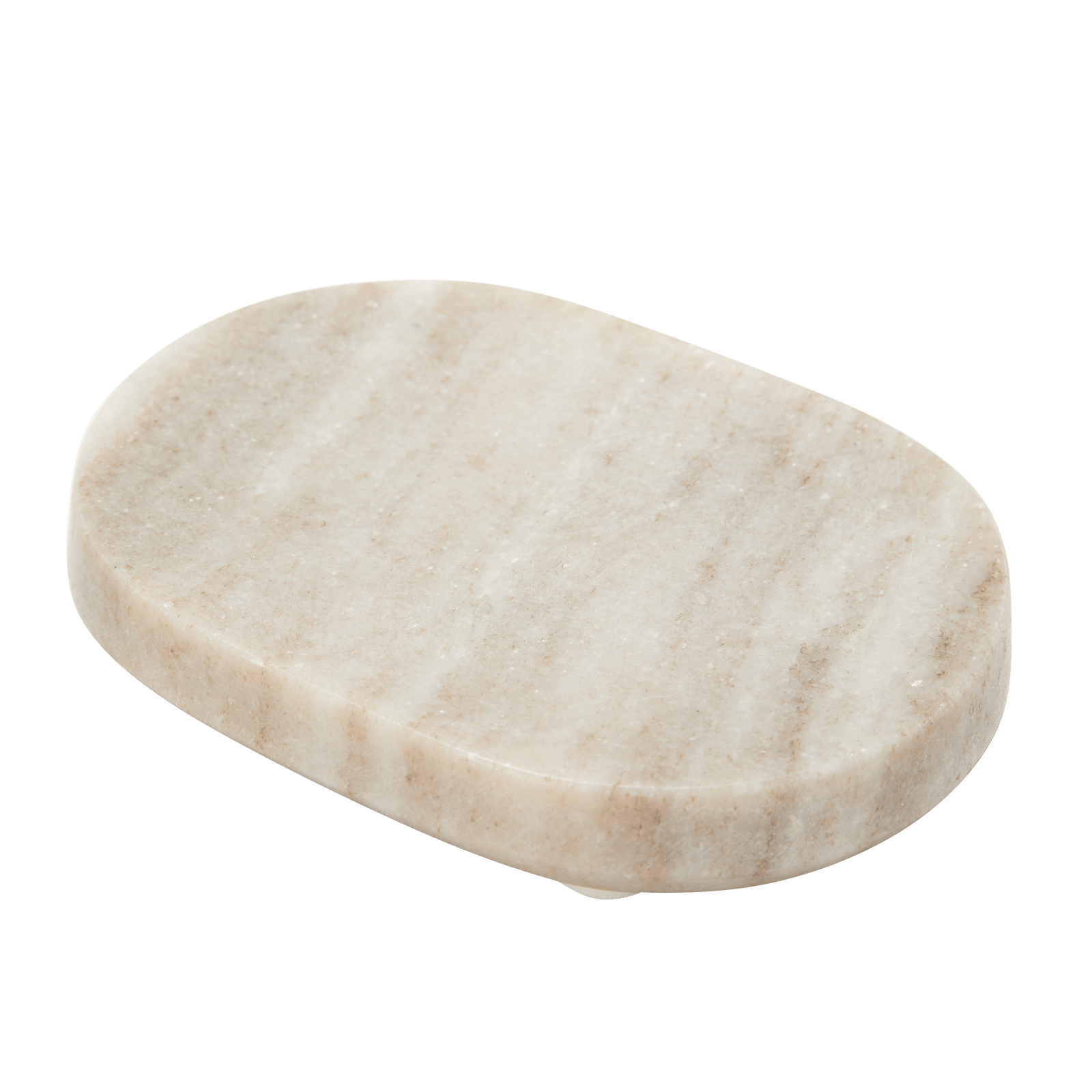The Marble Soap Dish features an oval-shaped, beige marble design with a smooth, polished surface, adding an elegant spa-like touch to your bathroom. Displayed on a plain white background.3