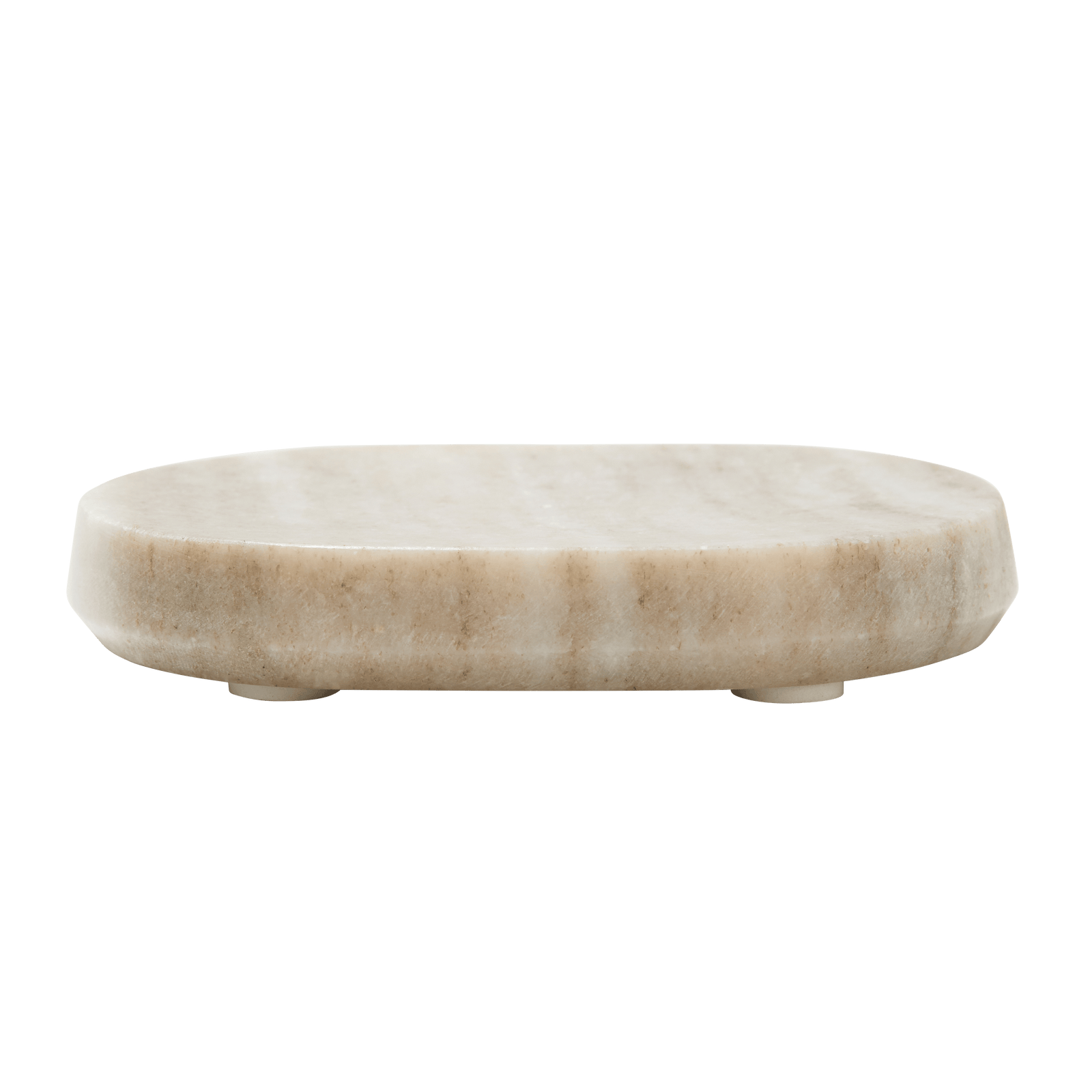 The Marble Soap Dish features an oval, beige marble design with a smooth surface and short, round feet, shown from the side against a white background—an elegant accessory for any spa-like bathroom.1