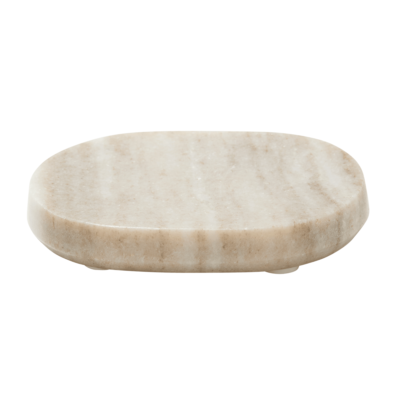 The Marble Soap Dish is beige, oval-shaped, and features a smooth surface with subtle natural veining for an elegant, spa-like look. Shown on a white background.2