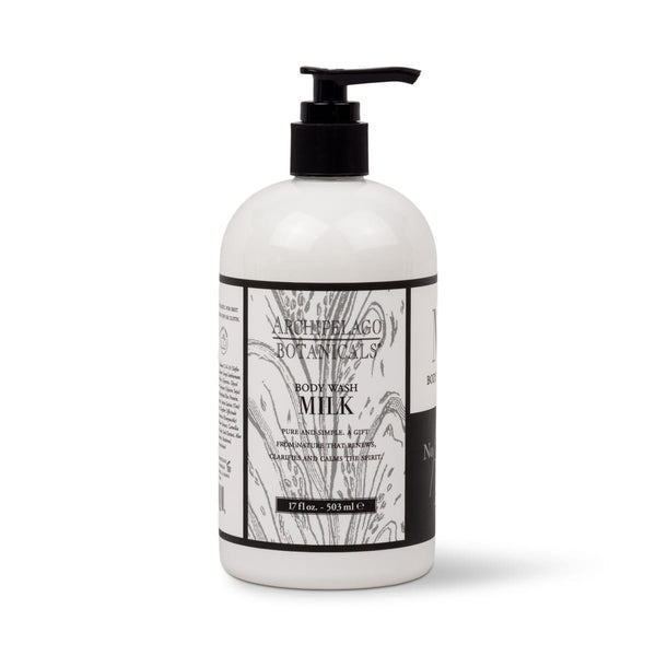 White 17 oz. Milk Body Wash bottle with a black pump dispenser and a label featuring black-and-white abstract art and text.