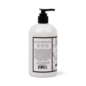 White plastic bottle of Milk 17 oz. Body Wash with a pump dispenser, showing the product label with usage instructions, ingredient list, and recycling icons for this gentle foaming cleanser. - image 2
