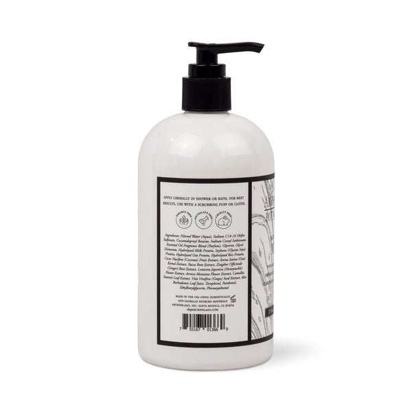 White plastic bottle of Milk 17 oz. Body Wash with a pump dispenser, showing the product label with usage instructions, ingredient list, and recycling icons for this gentle foaming cleanser.