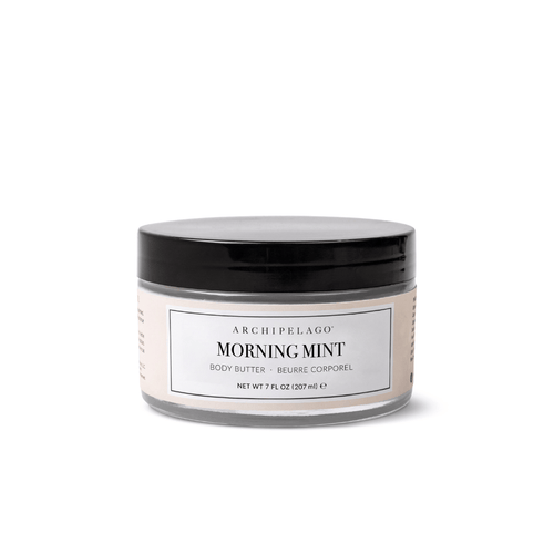 A 7 fl oz (207 ml) jar of Morning Mint Body Butter with a black lid and white label, enriched with essential oils for deep hydration.