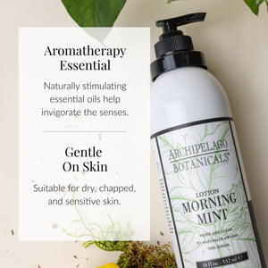 A bottle of Morning Mint Body Lotion rests on a light background beside fresh green leaves, with text emphasizing its aromatherapy benefits and soothing essential oils blend—perfect for sensitive skin.6