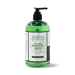 A green bottle of Morning Mint Hand Wash with a black pump dispenser features mint-themed graphics and black text on a white label, emphasizing its refreshing mint extracts.1