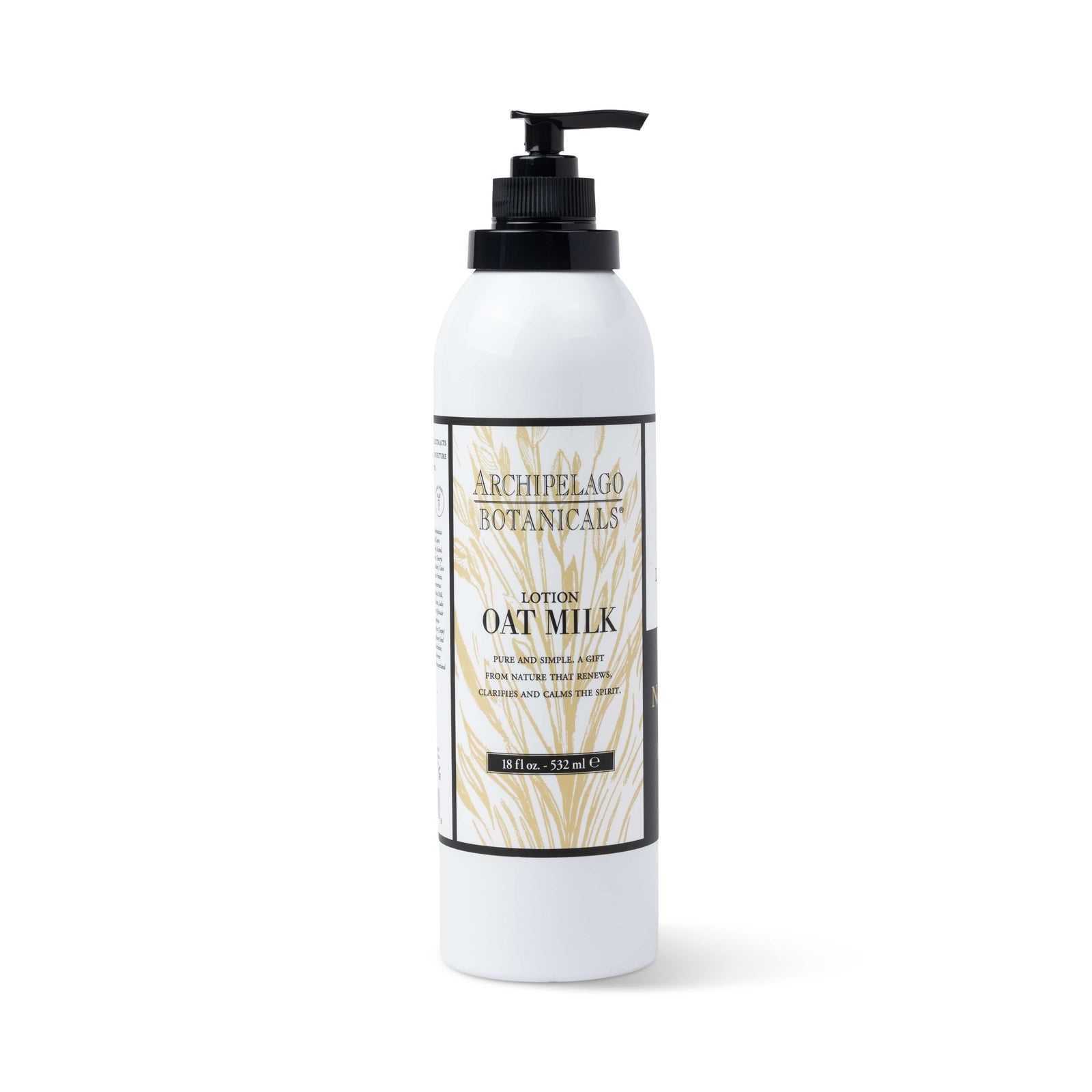 A white bottle of Oat Milk Body Lotion with a black pump top and a label adorned with gold botanical illustrations and product details.1
