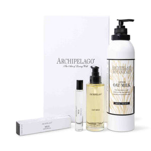Experience the Oat Milk Layering Gift Set—includes indulgent body lotion, milk perfume oil rollerball, perfume spray, and a chic branded box. Enjoy soothing oat milk scents in a beautifully curated package.1