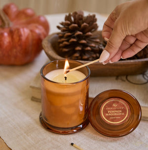 A hand lights the Pumpkin Macchiato Jar Candle with a match, while pinecones and a pumpkin create a softly blurred backdrop. The candle’s lid sits beside the amber glass jar, making this cozy fall candle an ideal accent for your seasonal décor. - image 2
