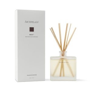 A square glass bottle of Soho Reed Diffuser with wooden reeds is placed beside its tall, minimalist white box. Both display sleek branding and offer a premium, long-lasting aroma from quality fragrance oil.1