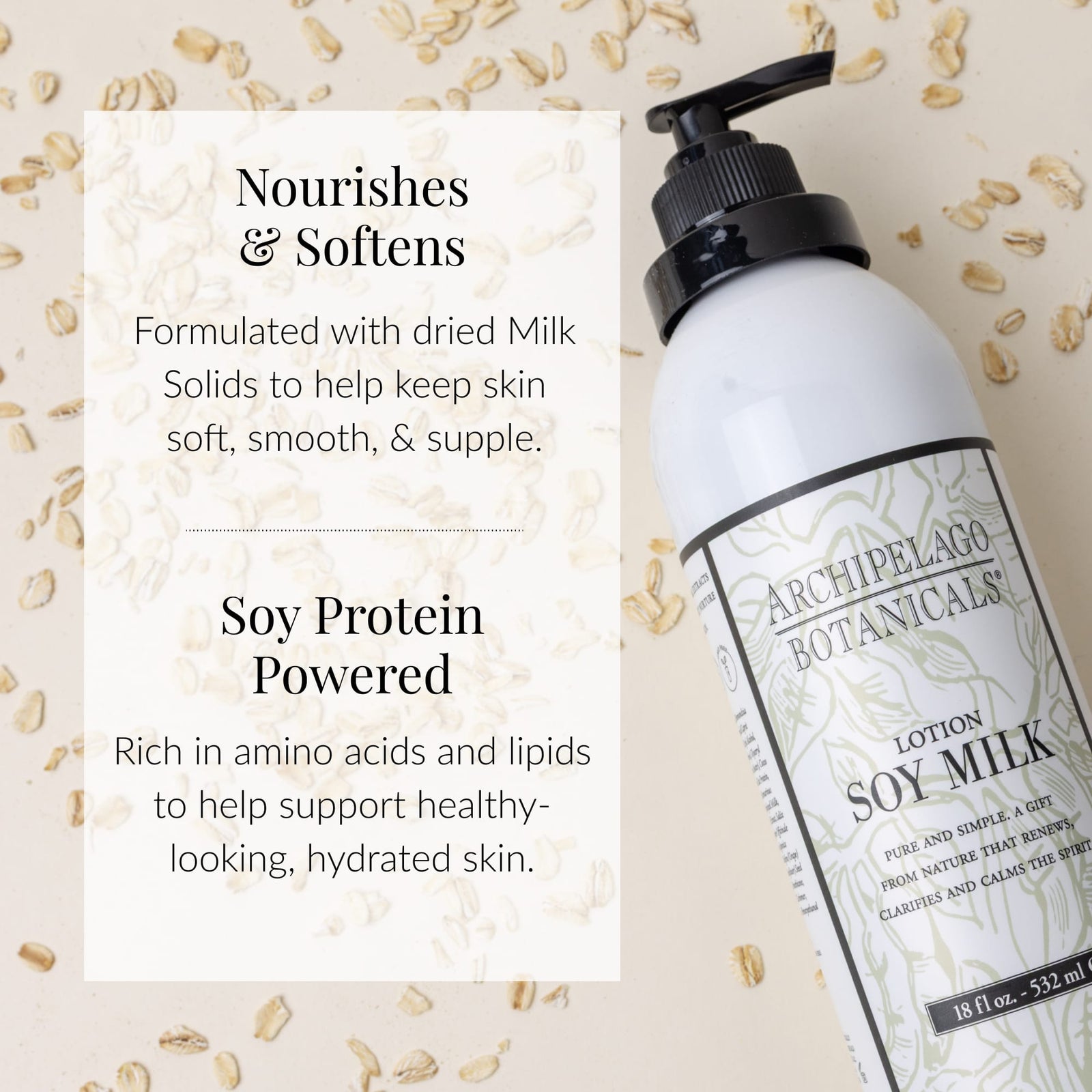 A bottle of Soy Milk Body Lotion rests on a tan surface adorned with oats. Text highlights its nourishing and softening effects, as well as the hydrating benefits of soy protein for healthy-looking skin. This cruelty-free lotion is ideal for those seeking luxurious care without compromise.6