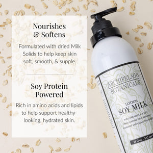 A bottle of Soy Milk Body Lotion rests on a tan surface adorned with oats. Text highlights its nourishing and softening effects, as well as the hydrating benefits of soy protein for healthy-looking skin. This cruelty-free lotion is ideal for those seeking luxurious care without compromise.6