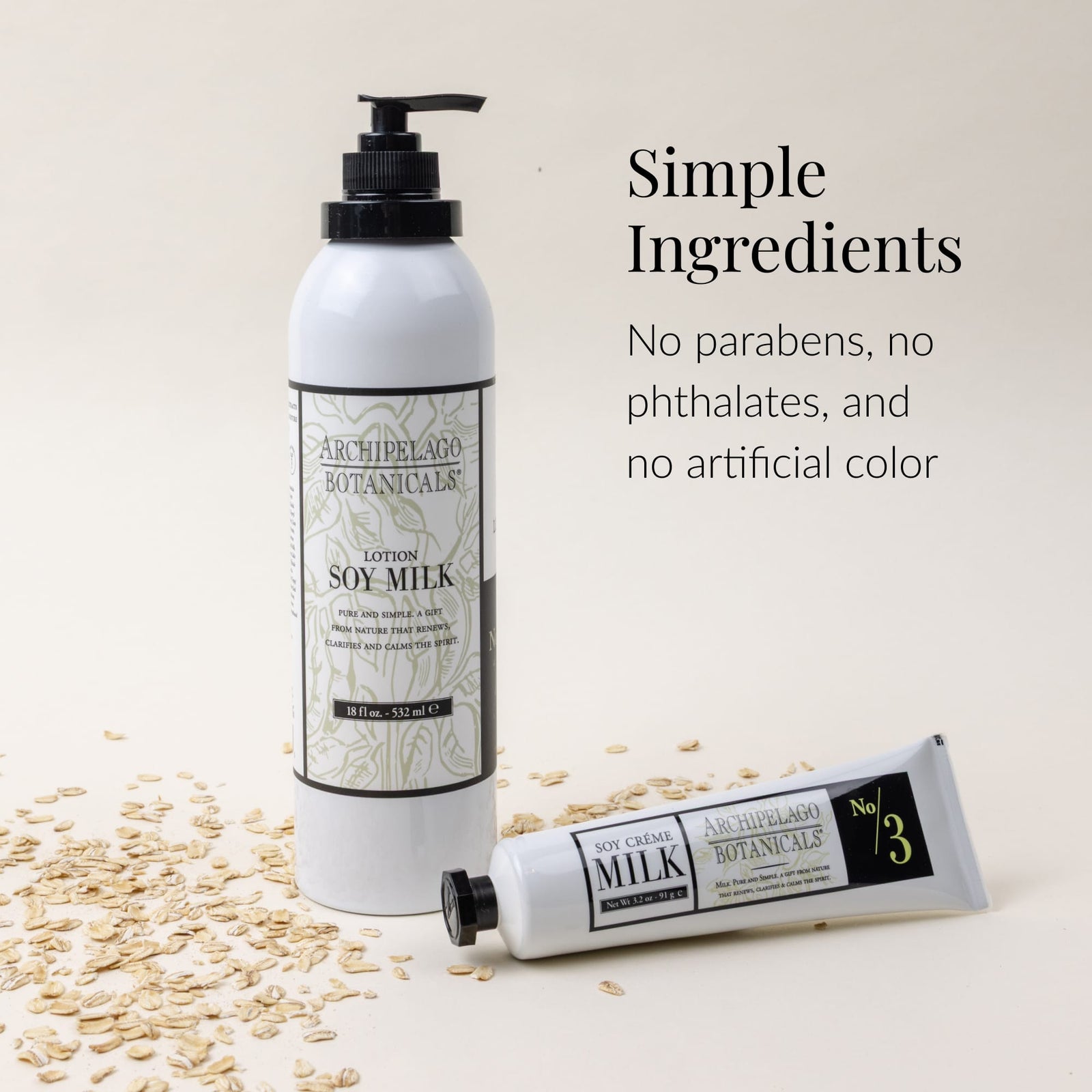 Two Soy Milk Body Lotion bottles from Archipelago Botanicals on a light surface, surrounded by oats. Text reads: Simple Ingredients. Our Soy Milk Body Lotion is cruelty-free, with no parabens, no phthalates, and no artificial color.2