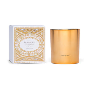 A metallic gold Winter Frost Credenza Candle jar next to its white box, which features an ornate gold geometric design and a label noting a blend of White Birch and winter greens. - image 1