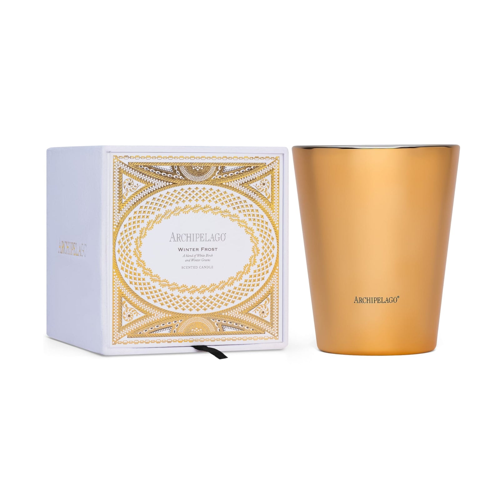 A white box with gold decorative patterns alongside a gold-colored Winter Frost Mantel Candle jar. - image 1